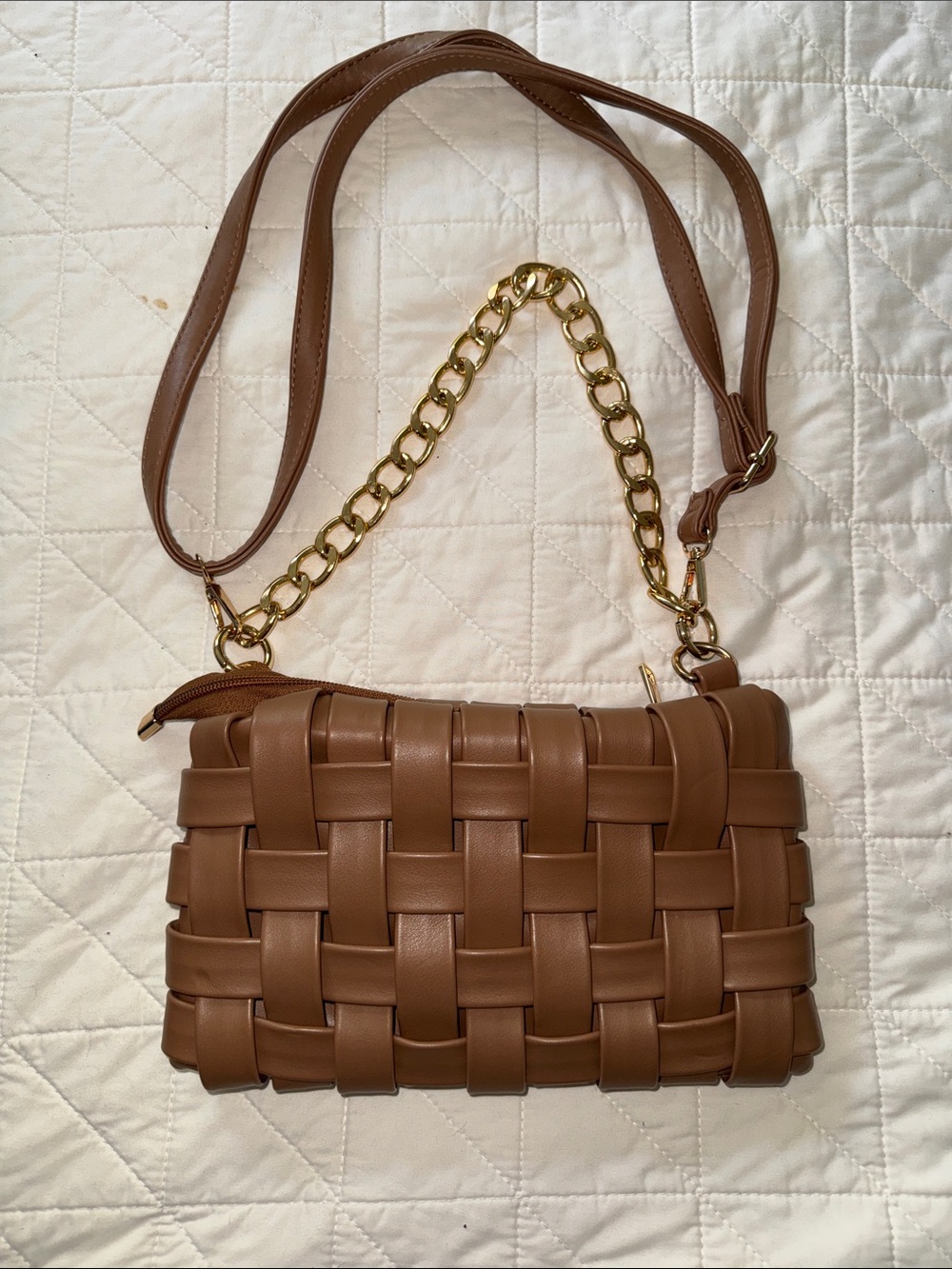 Woven Crossbody Bag in Brown with Gold Chain